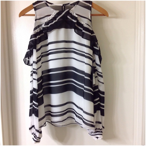 GUESS Cold Shoulder Blouse Black White Stripes Size Small - Picture 5 of 7