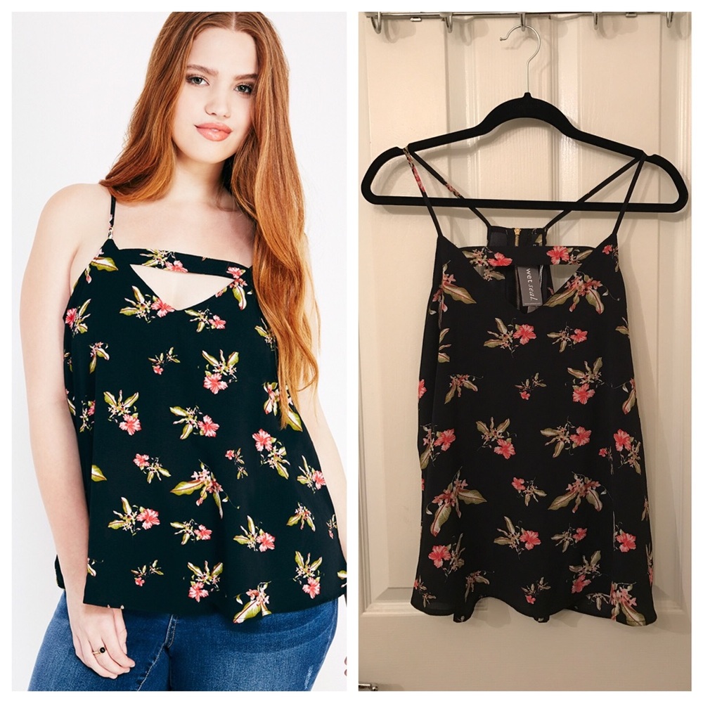 Plus Size Black Floral Zip-Back Tank Top