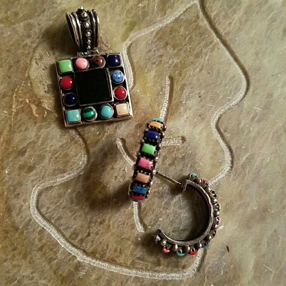 Multicolored Stone Pendant & Earrings