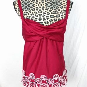 Ann Taylor Loft Red Tank Top Sz 2 White Embroidery
