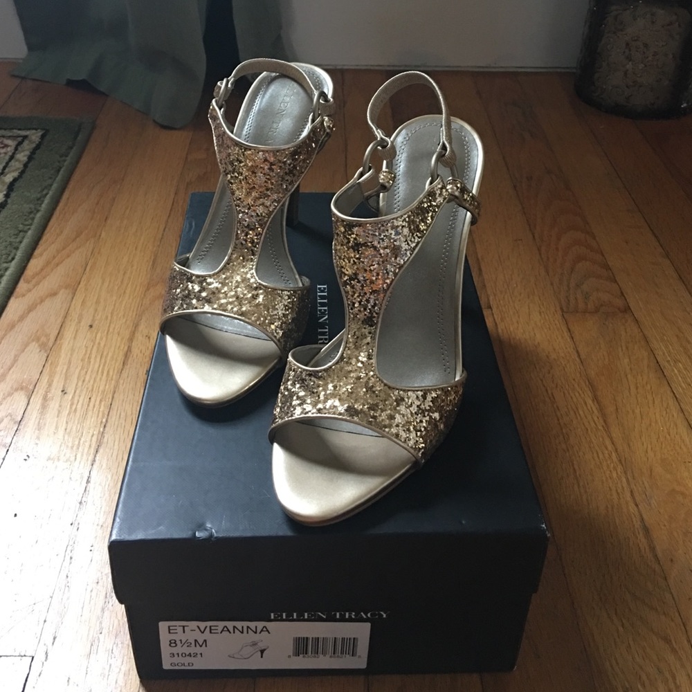 Ellen Tracy T strap gold glitter heels