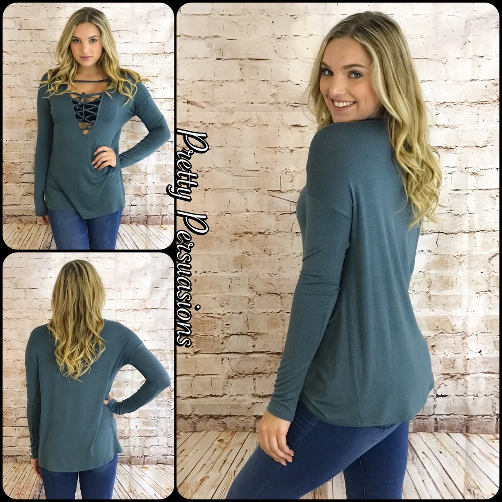 NWT Lace Up V-Neck Long Sleeve Jersey Top - Picture 3 of 6
