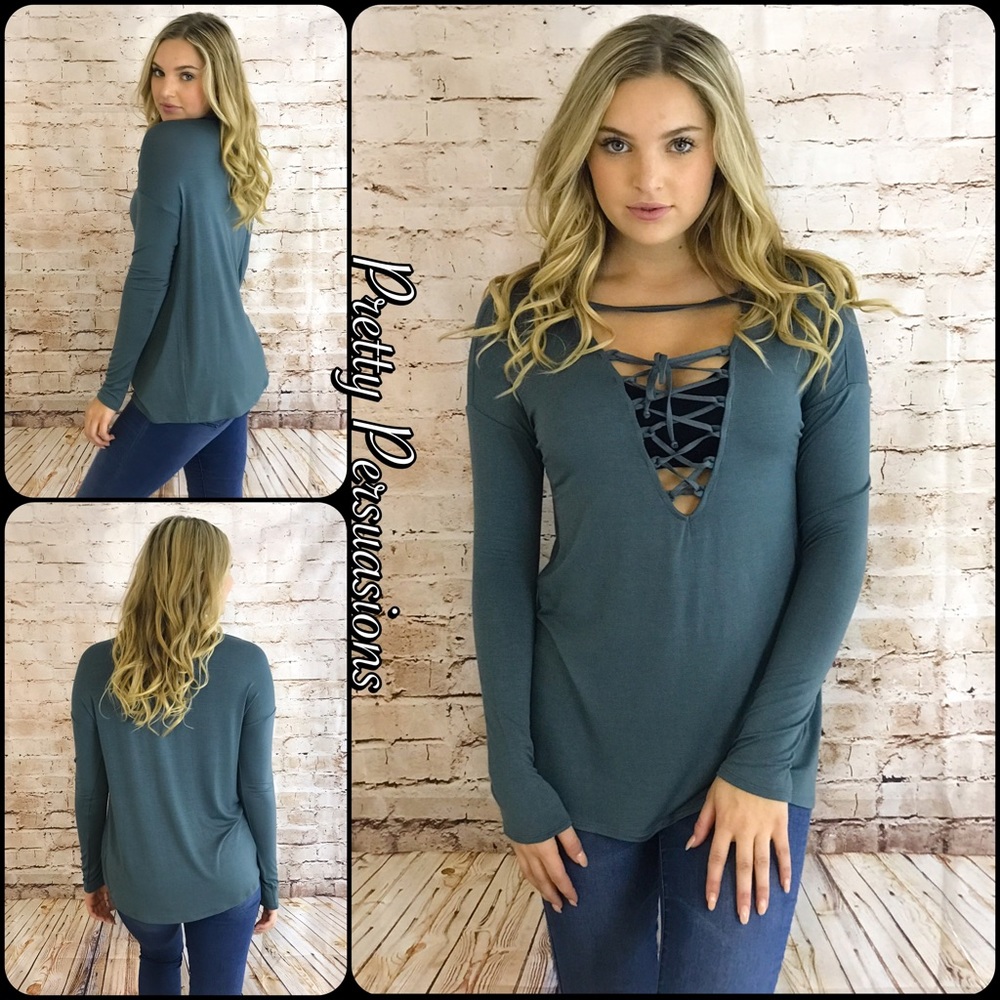 NWT Lace Up V-Neck Long Sleeve Jersey Top - Picture 4 of 6