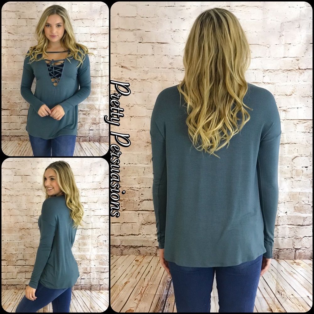 NWT Lace Up V-Neck Long Sleeve Jersey Top - Picture 5 of 6