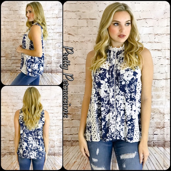 Pretty Persuasions Tops - SOLD OUT‼️ NWT Navy & White Crochet Neckline Top