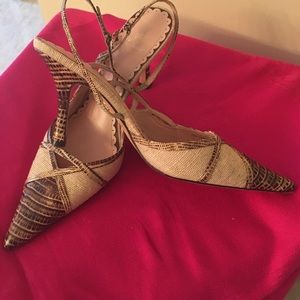 J Vincent cream/brown snake slingback pumps