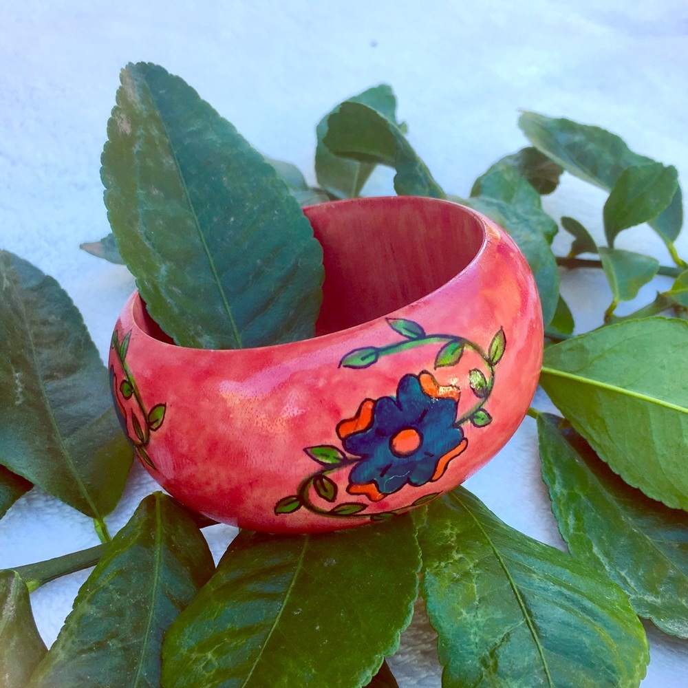 Painted red wooden bangle bracelet with flowers!