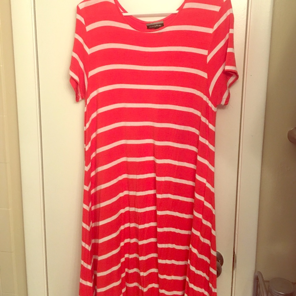SALE!!!! Coral and white striped t-shirt dress.