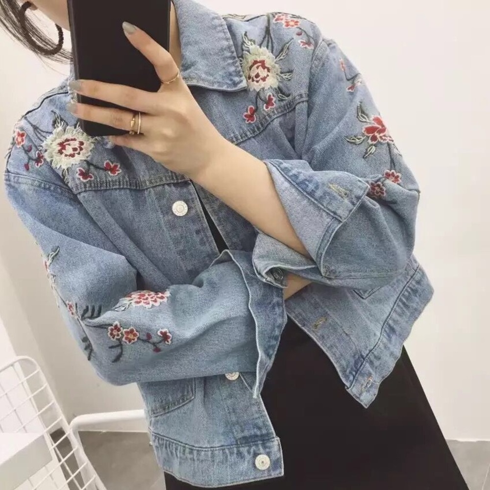Denim embroidered vintage jacket flowers jean - Picture 1 of 8