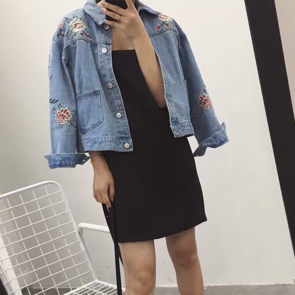 Denim embroidered vintage jacket flowers jean - Picture 2 of 8