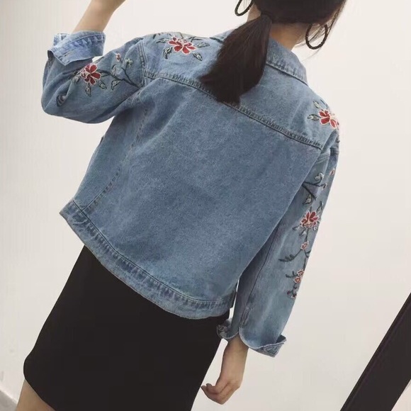 Denim embroidered vintage jacket flowers jean - Picture 3 of 8