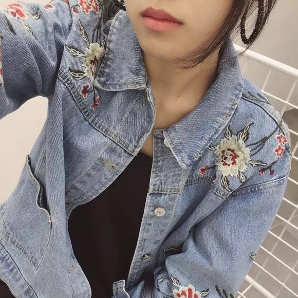 Denim embroidered vintage jacket flowers jean - Picture 6 of 8