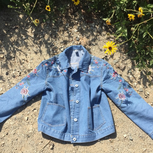 Denim embroidered vintage jacket flowers jean - Picture 7 of 8
