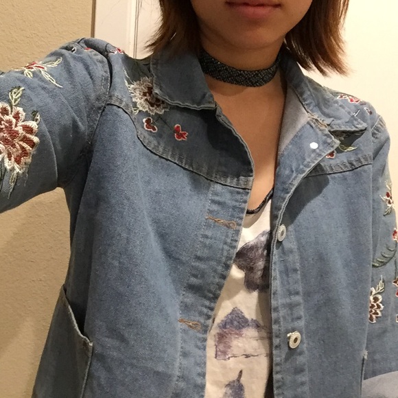 Denim embroidered vintage jacket flowers jean - Picture 4 of 8