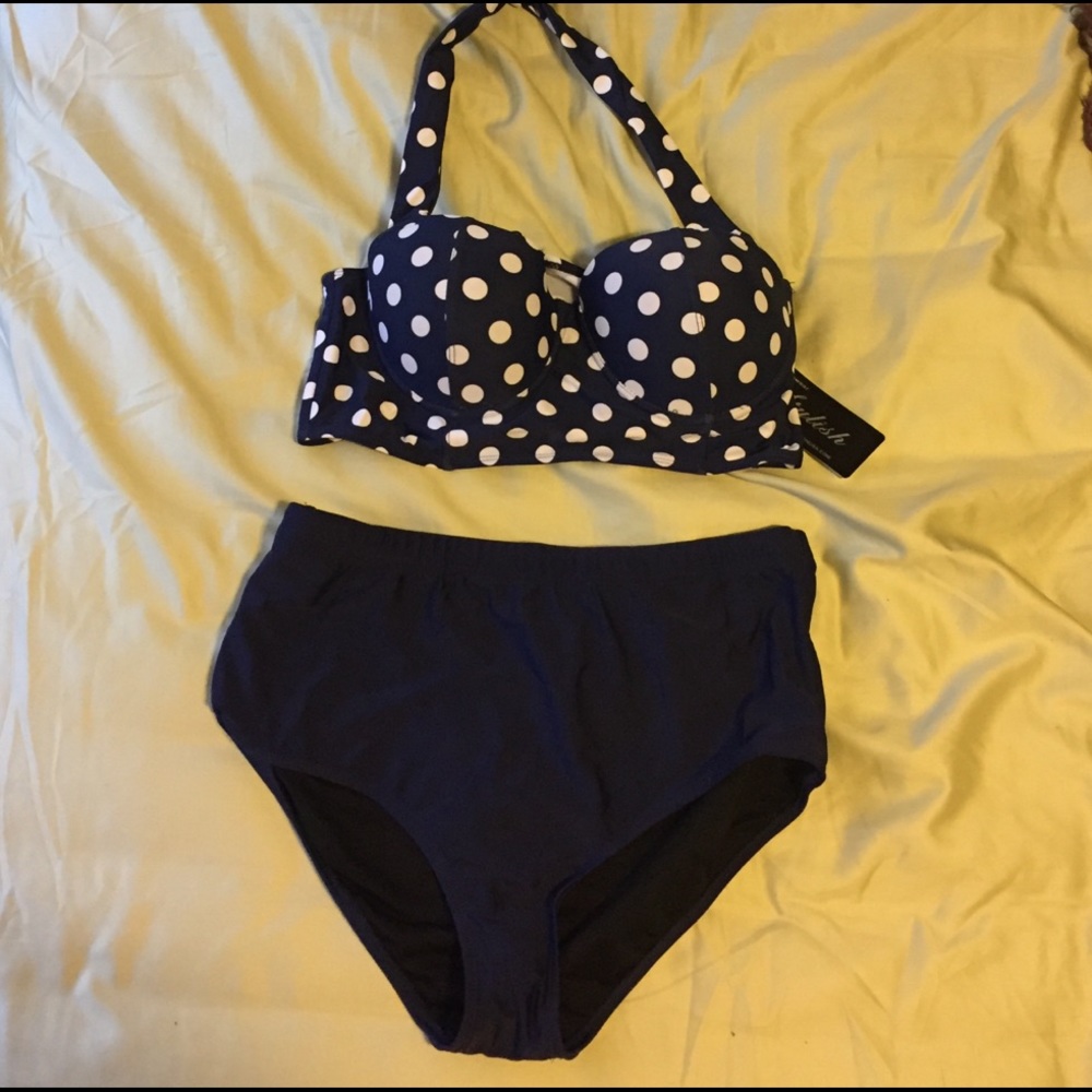 Navy Blue and White Polka Dot Swimsuit- Large