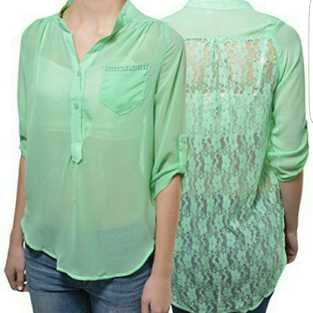 Teal sheer and lace top
