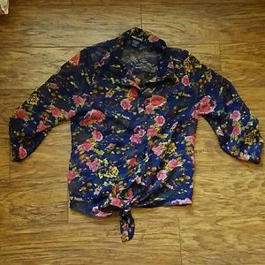 Floral sheer and lace tie up blouse