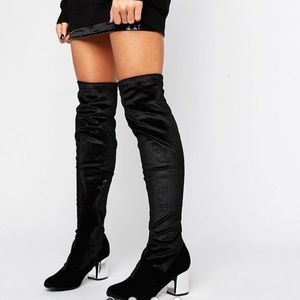 Over the knee velvet boots with silver block heel