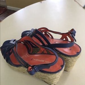 Via Spiga leather and burlap woven wedge sandals