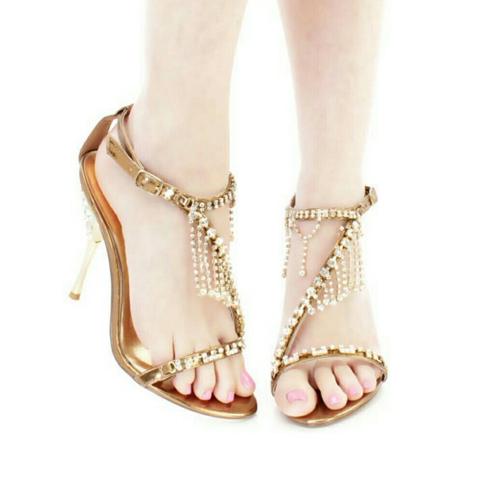 Bronze Rhinestone Dangle Strappy Heels