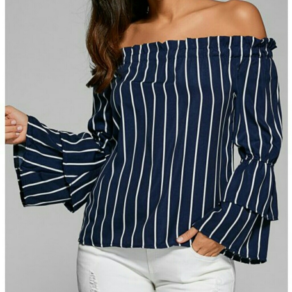 LAST ONE! Navy/White Striped Off-the-Shoulder Top - Picture 1 of 4