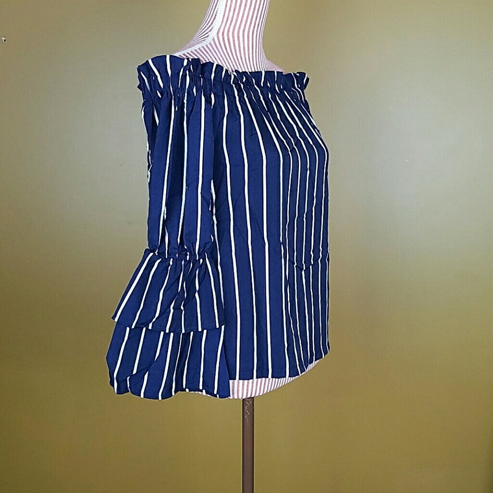 LAST ONE! Navy/White Striped Off-the-Shoulder Top - Picture 3 of 4