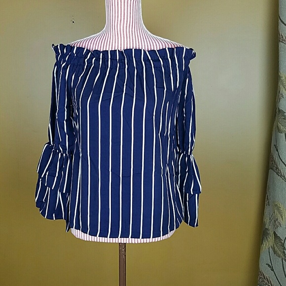 LAST ONE! Navy/White Striped Off-the-Shoulder Top - Picture 2 of 4