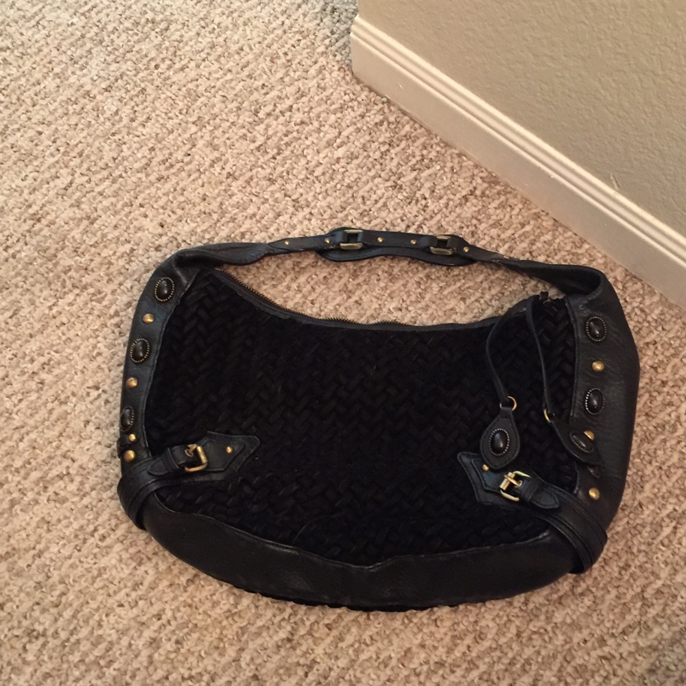 Cole Haan black velvet weave leather boho purse
