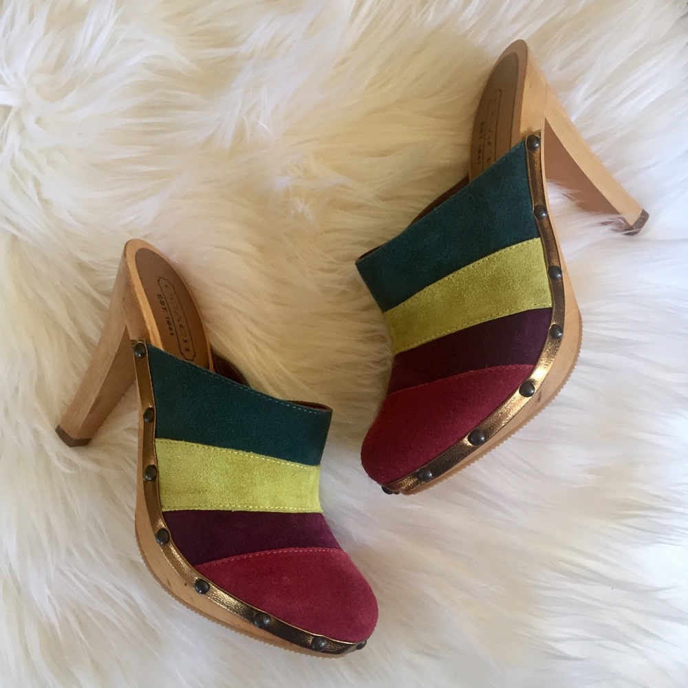 Rare Vintage Coach Multicolor Suede Heeled Mules
