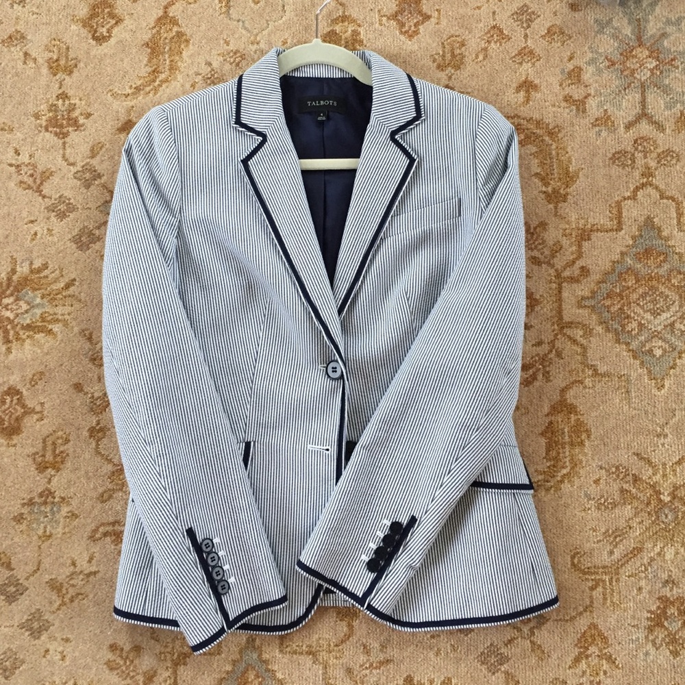 Navy and white seersucker jacket