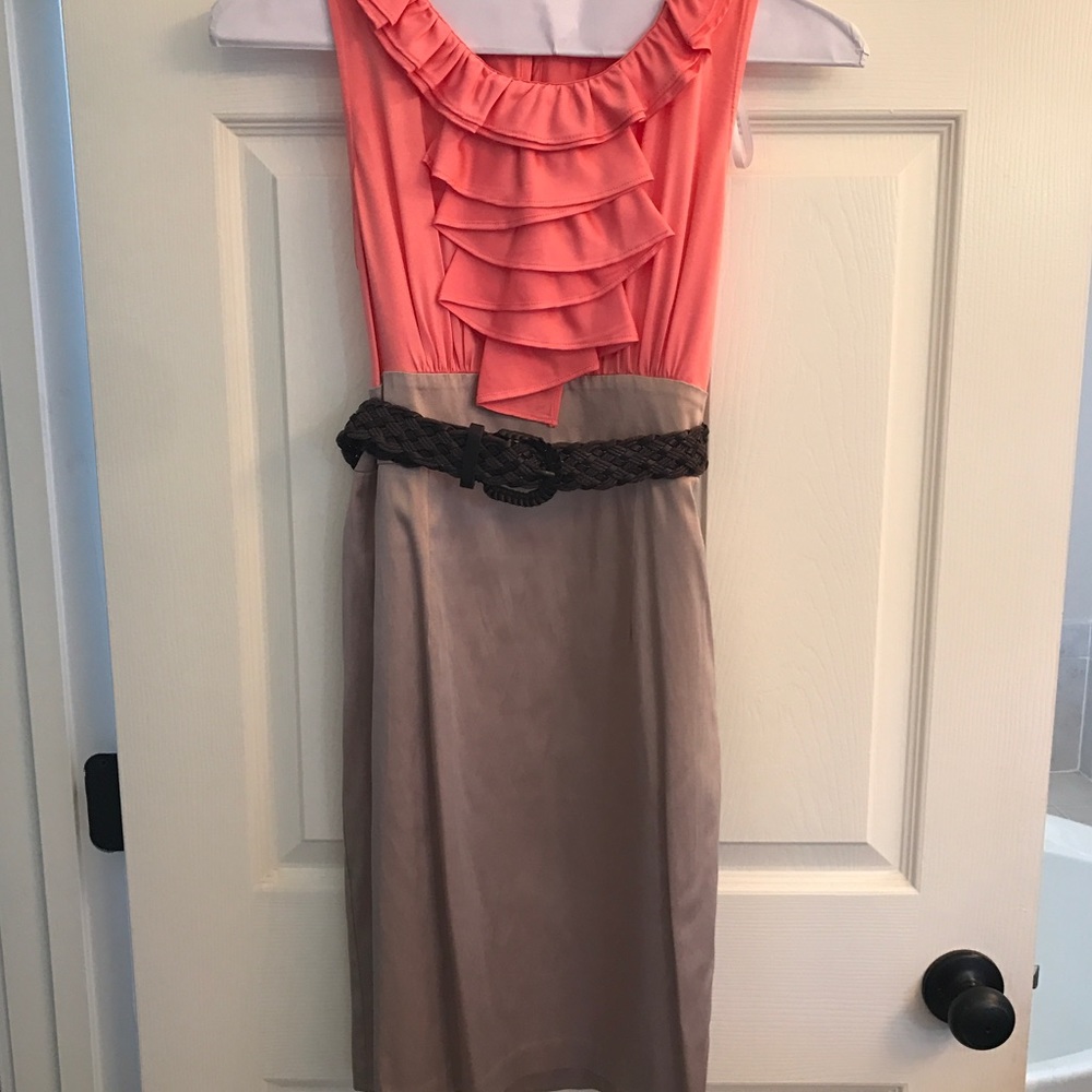 A.Byer Silk Coral and Tan Dress with Brown Belt