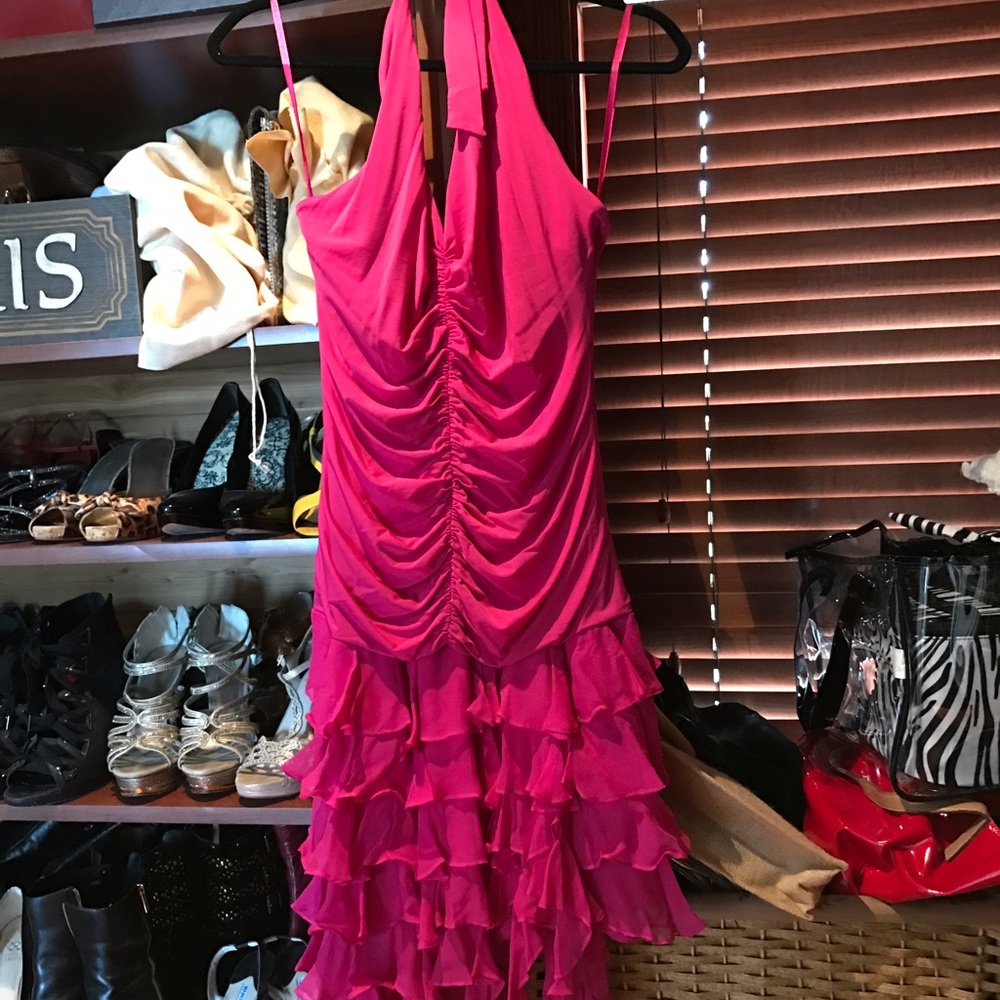 Ruched BCBG cocktail dress halter neck.