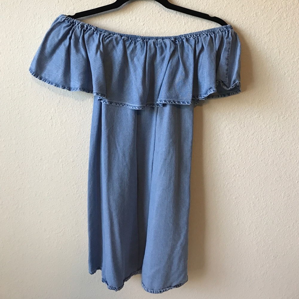 Chambray ruffled off the shoulder mini dress