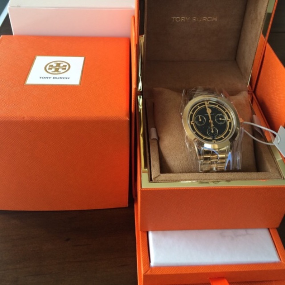 TORY WATCH, GOLD-TONE/BLACK CHRONOGRAPH, 37 MM