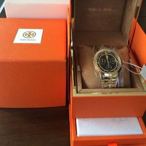 TORY WATCH, GOLD-TONE/BLACK CHRONOGRAPH, 37 MM