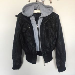 Faux Leather Bomber Jacket with Hoodie