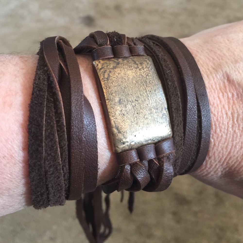 Boho leather wrap bracelet with stamped brass