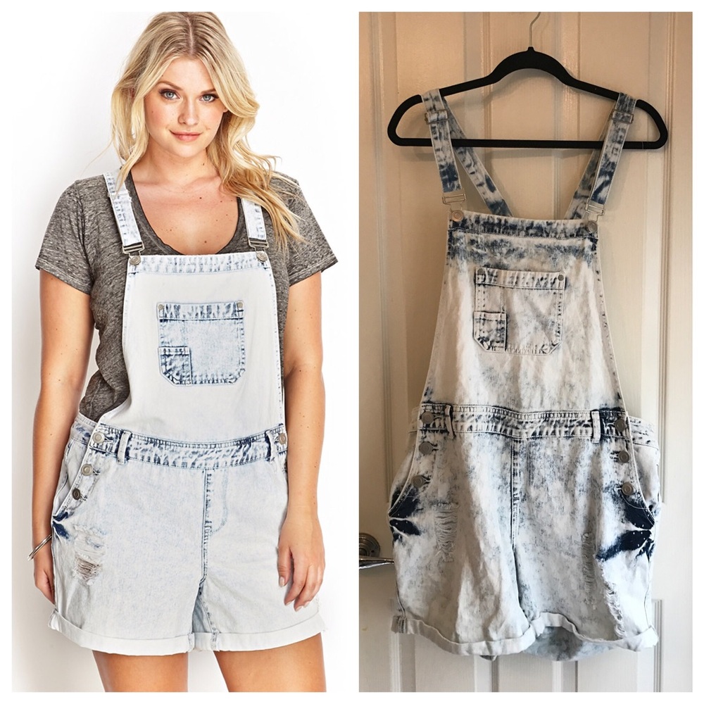 Plus Size Acid Wash Overall Shorts