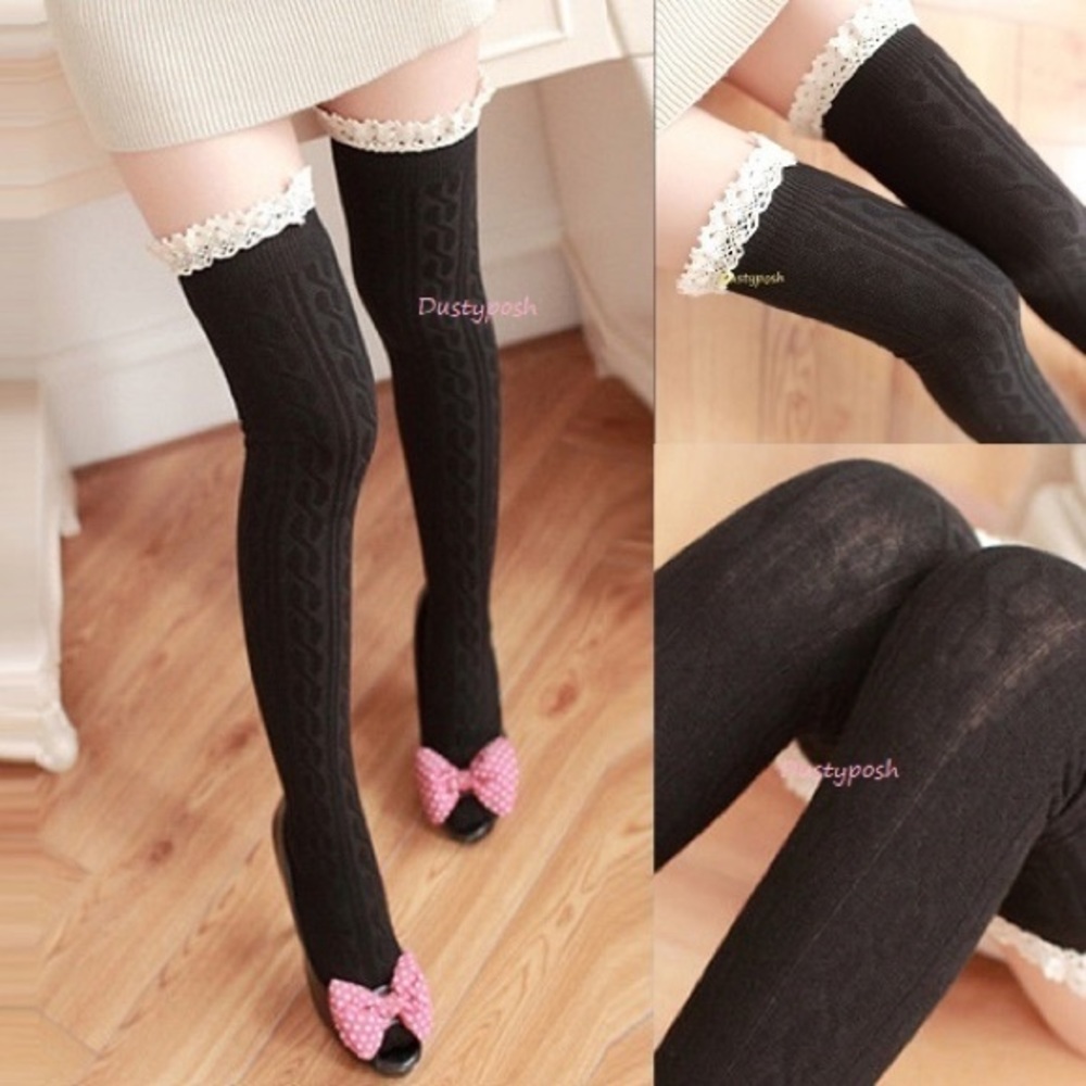 Cable Knit Lace Over The Knee Socks Thigh High OTK School Girl Cosplay Y2K Sexy - Picture 1 of 4