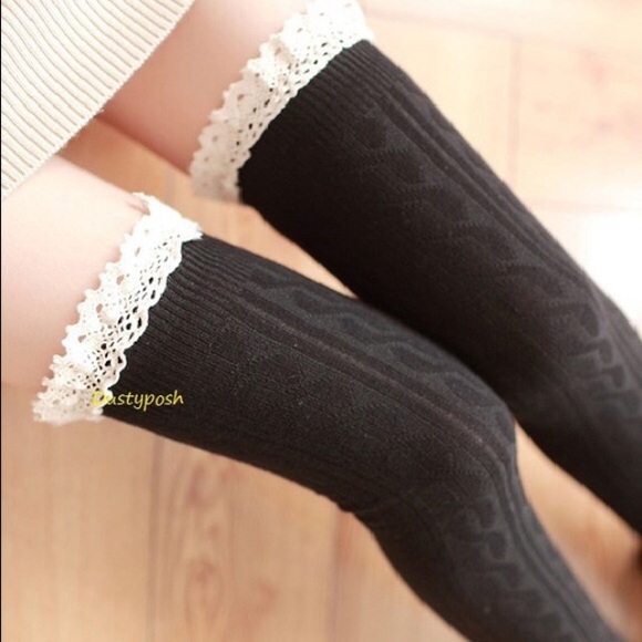 Cable Knit Lace Over The Knee Socks Thigh High OTK School Girl Cosplay Y2K Sexy - Picture 2 of 4