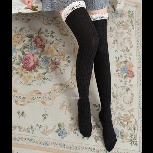 Cable Knit Lace Over The Knee Socks Thigh High OTK School Girl Cosplay Y2K Sexy - Picture 3 of 4