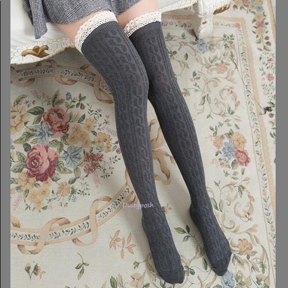 Cable Knit Lace Over The Knee Socks Thigh High OTK School Girl Cosplay Y2K Sexy - Picture 4 of 4