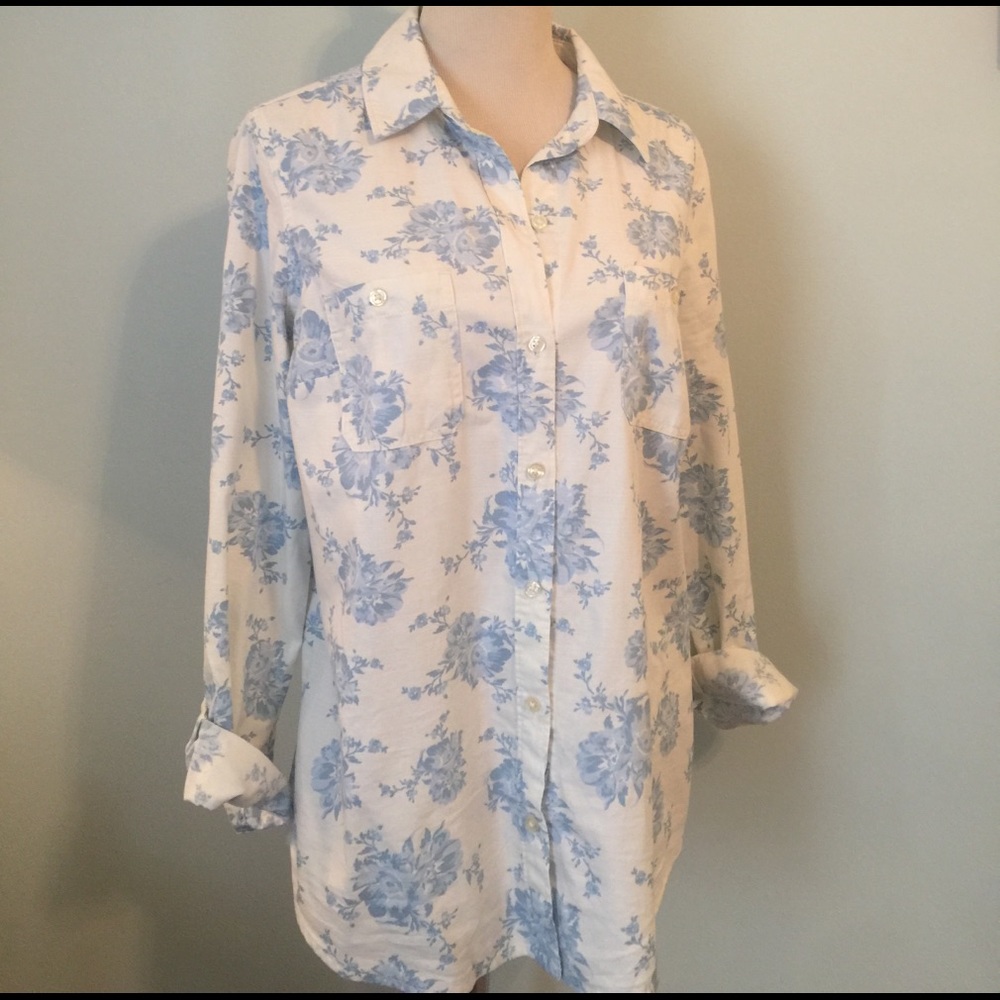 Blue white denim rose floral print blouse top m