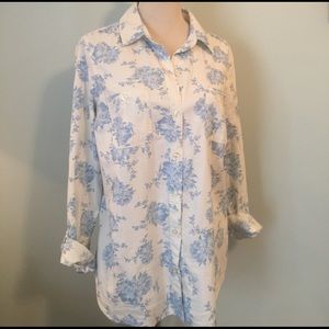 Blue white denim rose floral print blouse top m