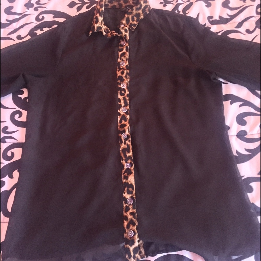 Chiffon Cheetah Print and Black Button Down Shirt