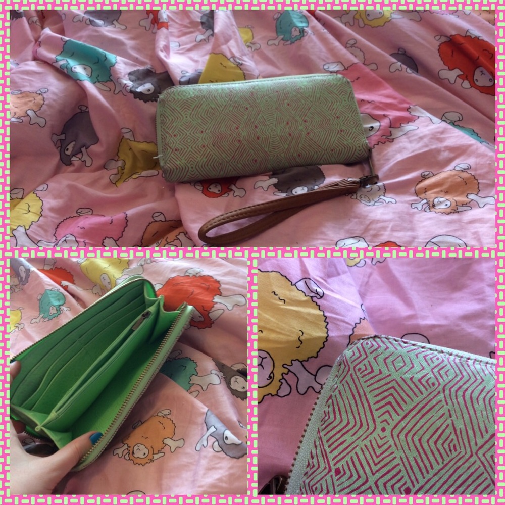 Mint+pink abstract print clutch/ wallet