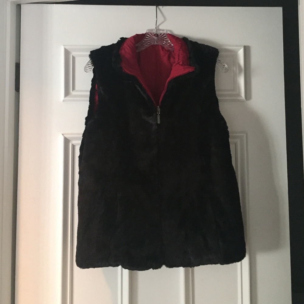 Reversible red and black faux fur vest