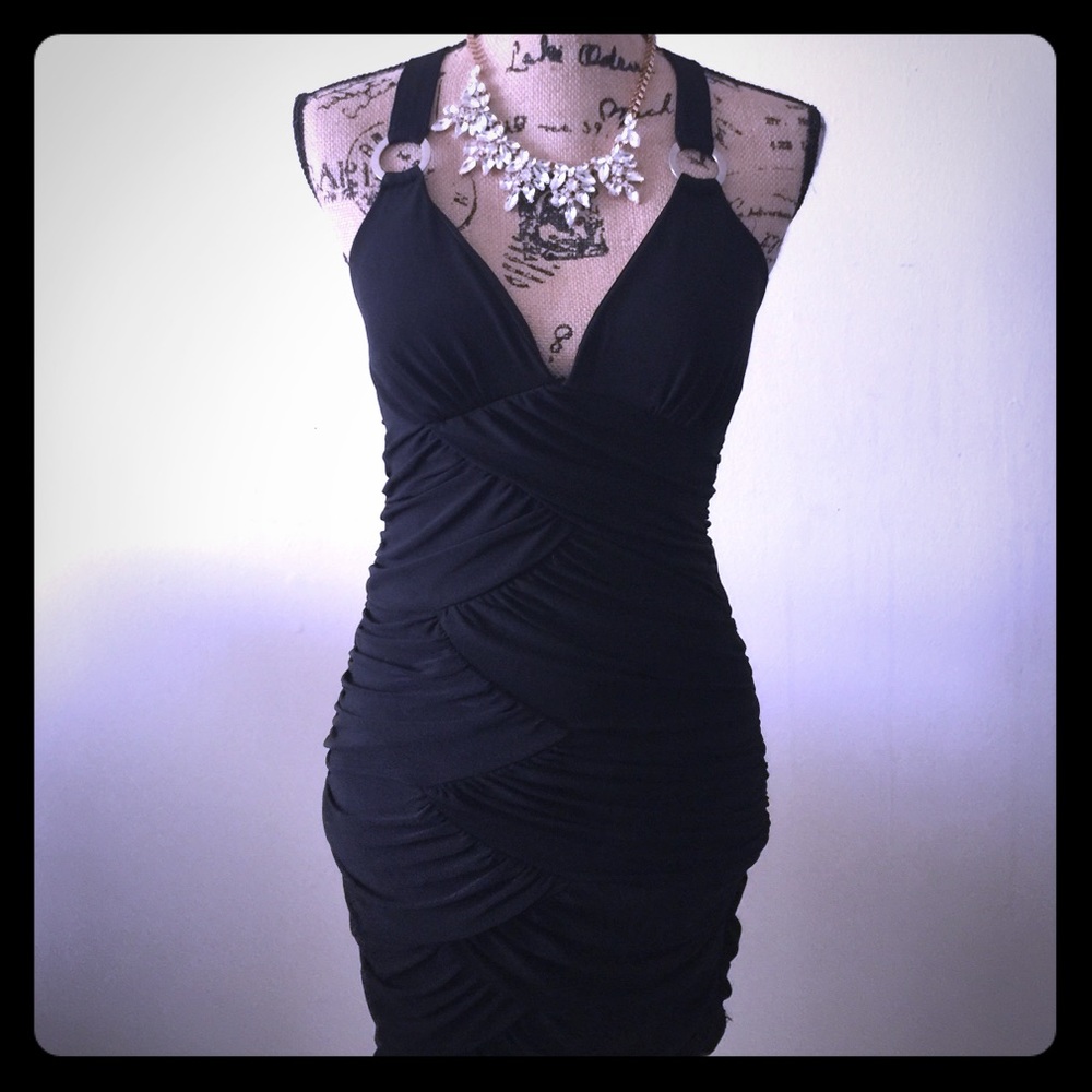Black Mini Dress Halter Top Fitted Stretch.