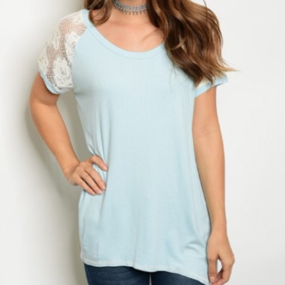 Light Blue Top w/ Lace Sleeves - Picture 2 of 4