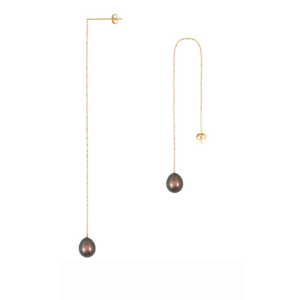 Black Pearl and 18k yellow gold thread earrings